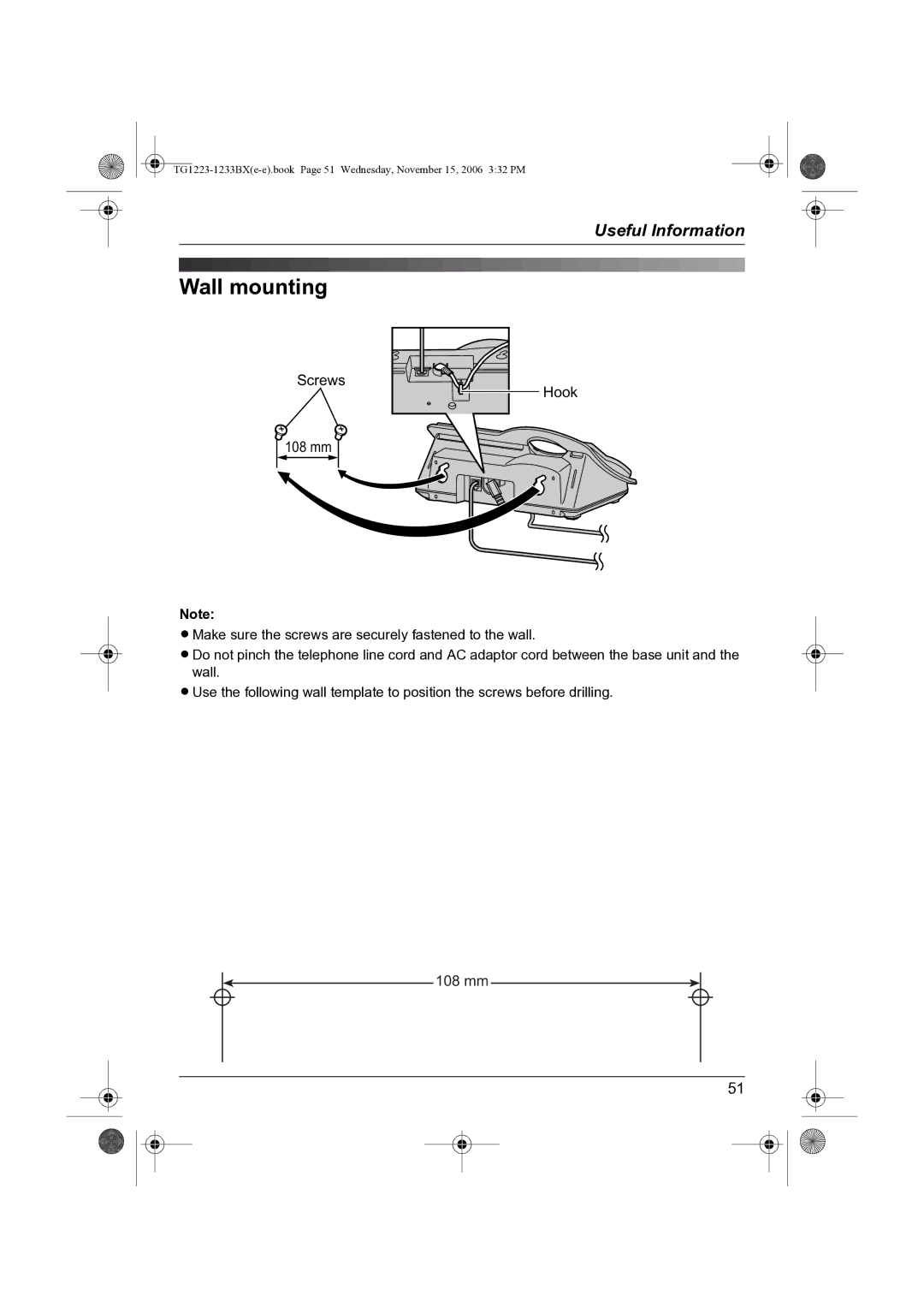 Panasonic KX-TG1223BX, KX-TG1233BX operating instructions Wall mounting, Screws Hook 108 mm 