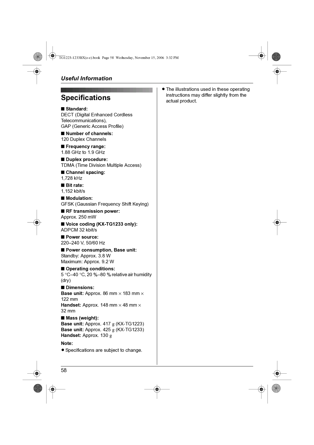 Panasonic KX-TG1233BX, KX-TG1223BX operating instructions Specifications 