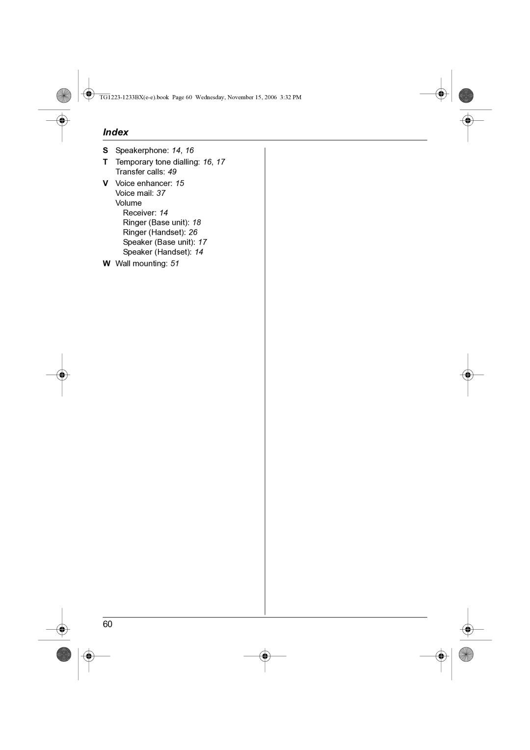 Panasonic KX-TG1233BX, KX-TG1223BX operating instructions Index 