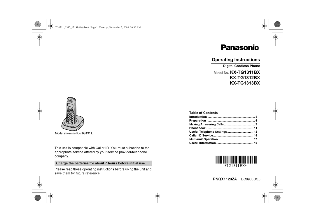 Panasonic KX-TG1313BX, KX-TG1312BX, KX-TG1311BX operating instructions PNQX1123ZA DC0908DQ0 