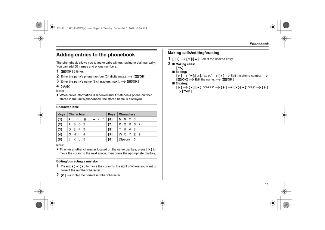 Panasonic KX-TG1311BX Adding entries to the phonebook, Making calls/editing/erasing, Character table Keys Characters 