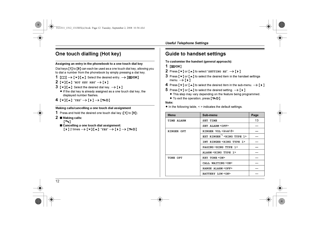 Panasonic KX-TG1312BX, KX-TG1313BX, KX-TG1311BX operating instructions One touch dialling Hot key, Guide to handset settings 