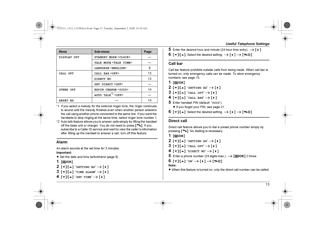 Panasonic KX-TG1313BX, KX-TG1312BX, KX-TG1311BX operating instructions Call bar, Direct call, Alarm 