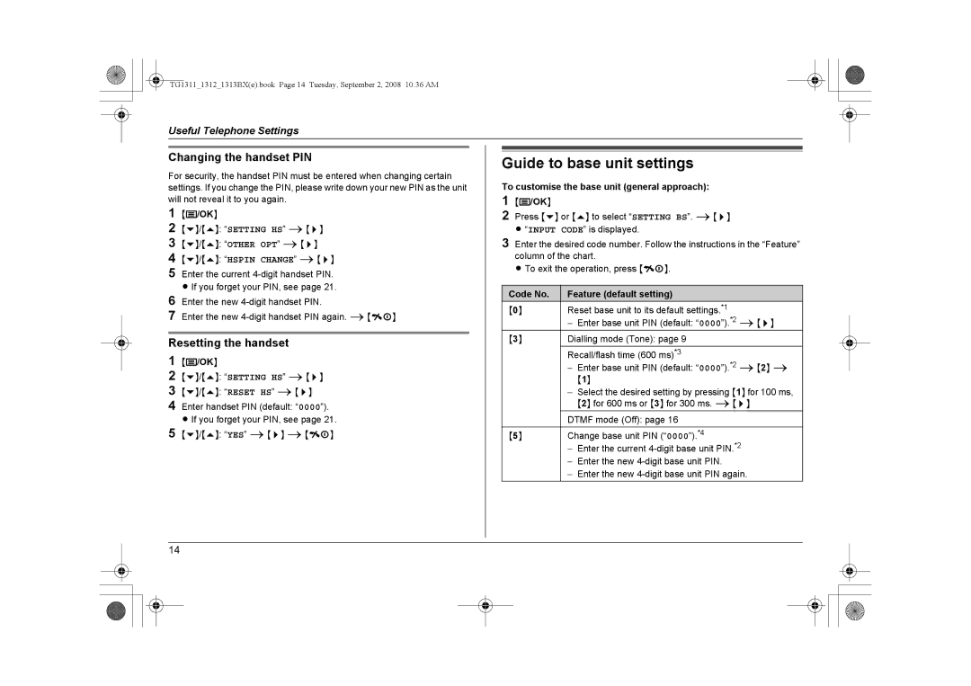 Panasonic KX-TG1311BX, KX-TG1312BX Guide to base unit settings, Changing the handset PIN, Resetting the handset 