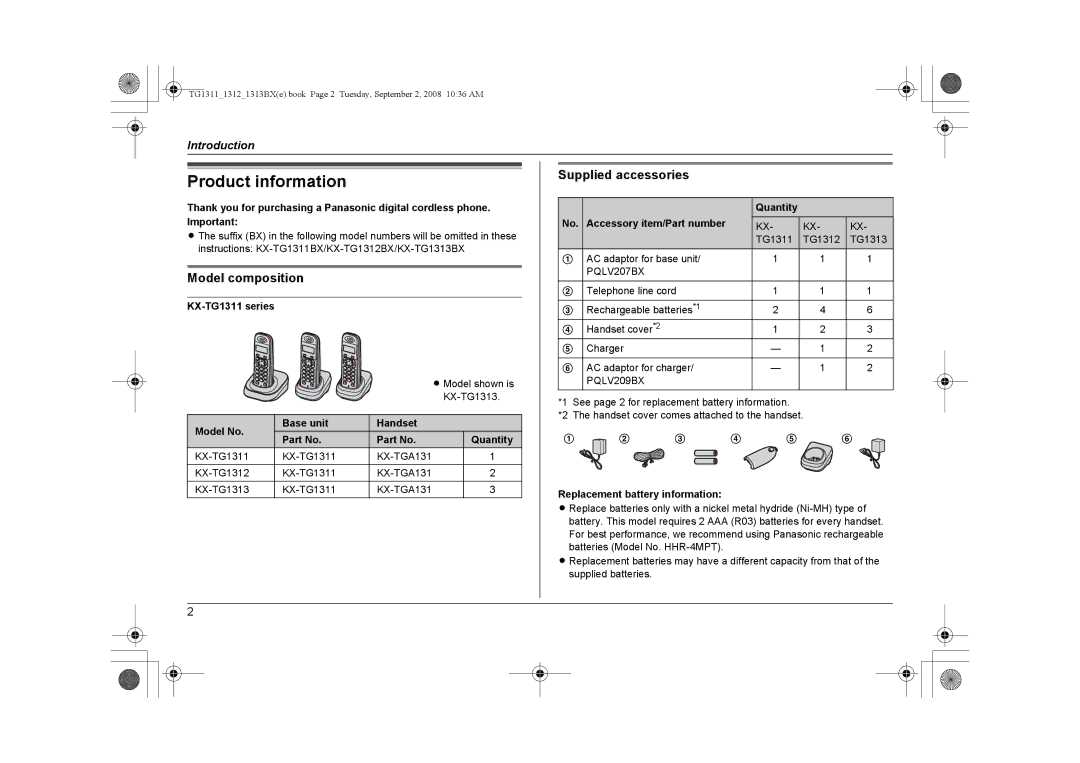 Panasonic KX-TG1311BX, KX-TG1312BX, KX-TG1313BX Product information, Model composition, Supplied accessories 