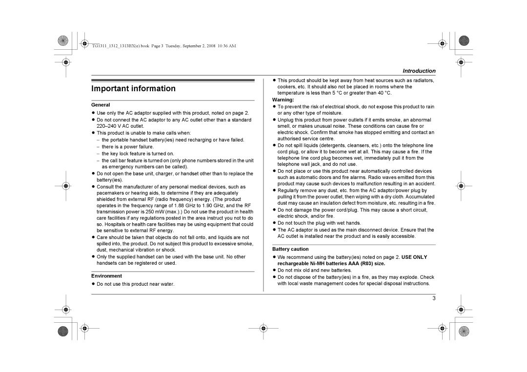 Panasonic KX-TG1312BX, KX-TG1313BX, KX-TG1311BX Important information, General, Environment, Battery caution 