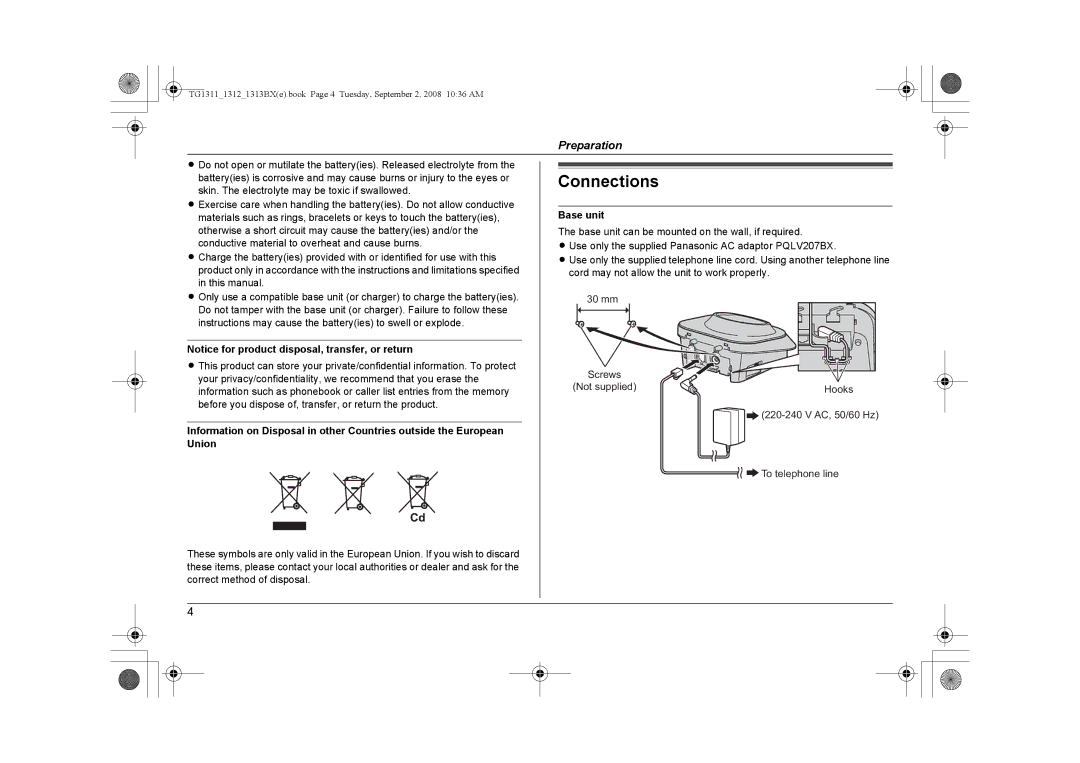 Panasonic KX-TG1313BX, KX-TG1312BX, KX-TG1311BX operating instructions Connections, Preparation 