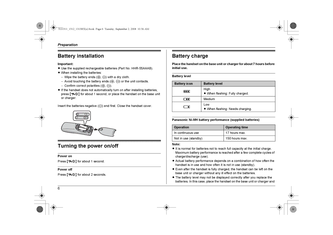 Panasonic KX-TG1312BX, KX-TG1313BX Battery installation, Turning the power on/off, Battery charge, Power on, Power off 