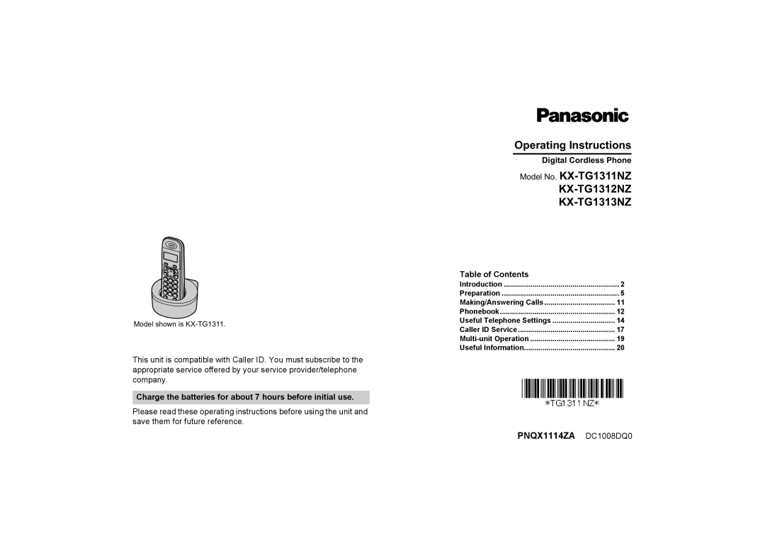 Panasonic KX-TG1313NZ, KX-TG1312NZ, KX-TG1311NZ operating instructions PNQX1114ZA DC1008DQ0 