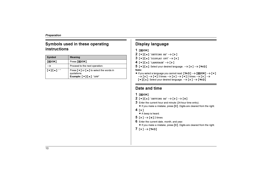 Panasonic KX-TG1313NZ, KX-TG1312NZ Symbols used in these operating instructions, Display language, Date and time 