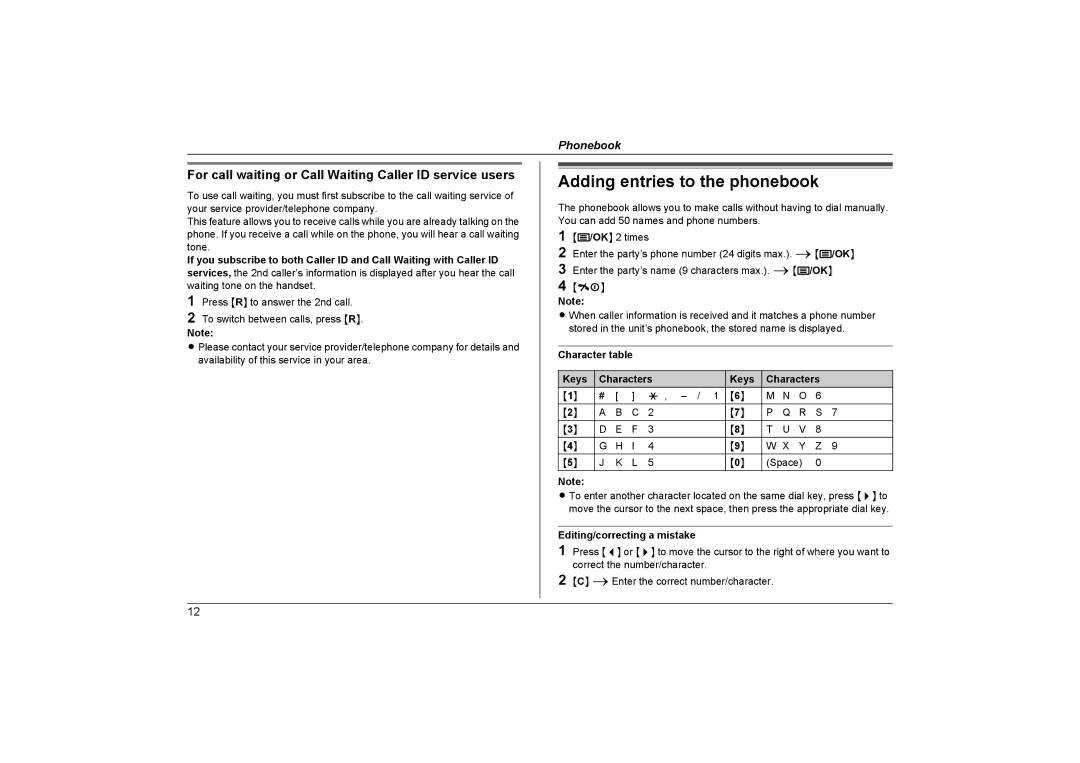 Panasonic KX-TG1312NZ Adding entries to the phonebook, For call waiting or Call Waiting Caller ID service users 