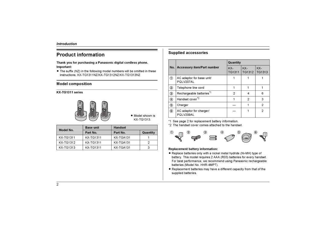 Panasonic KX-TG1311NZ, KX-TG1312NZ, KX-TG1313NZ Product information, Model composition, Supplied accessories 