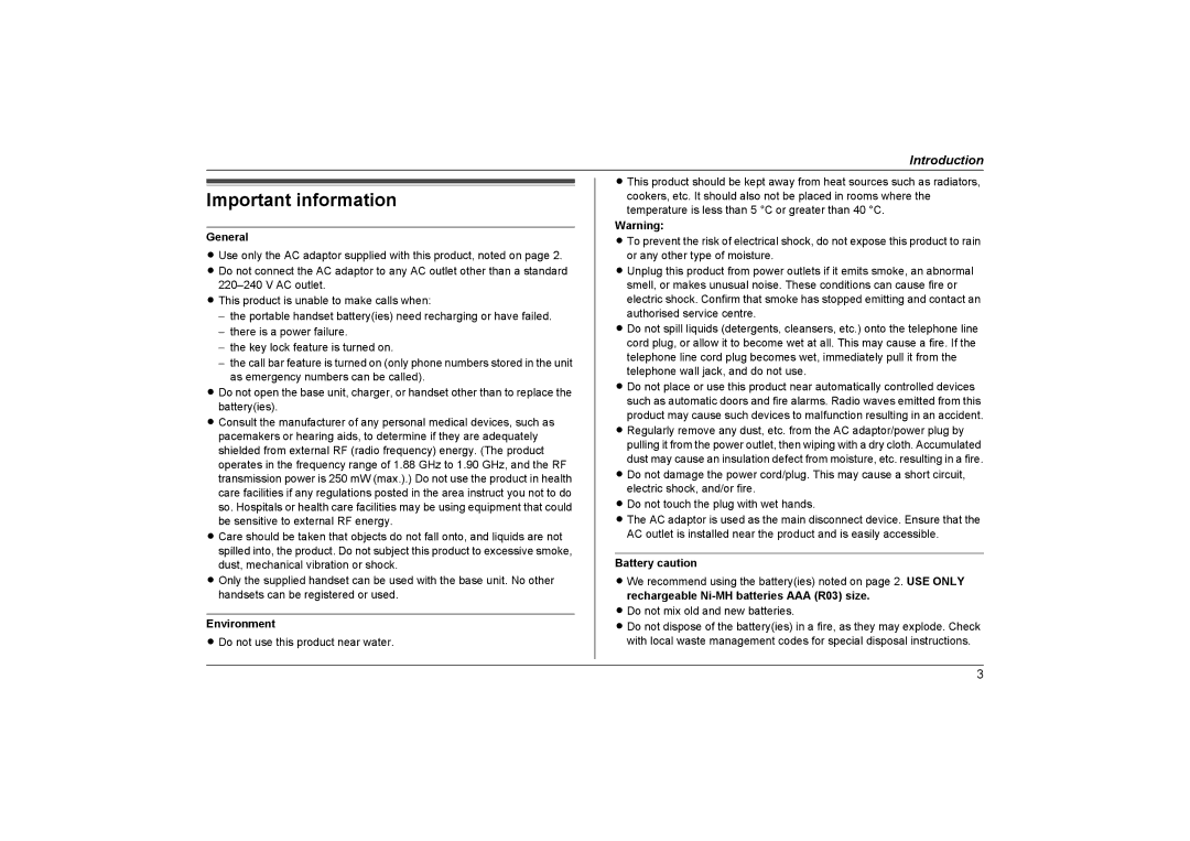 Panasonic KX-TG1312NZ, KX-TG1313NZ, KX-TG1311NZ Important information, General, Environment, Battery caution 