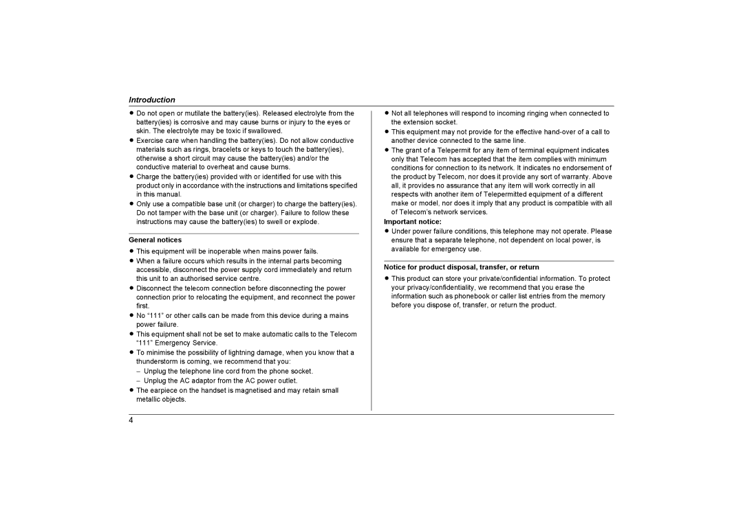 Panasonic KX-TG1313NZ, KX-TG1312NZ, KX-TG1311NZ operating instructions General notices, Important notice 