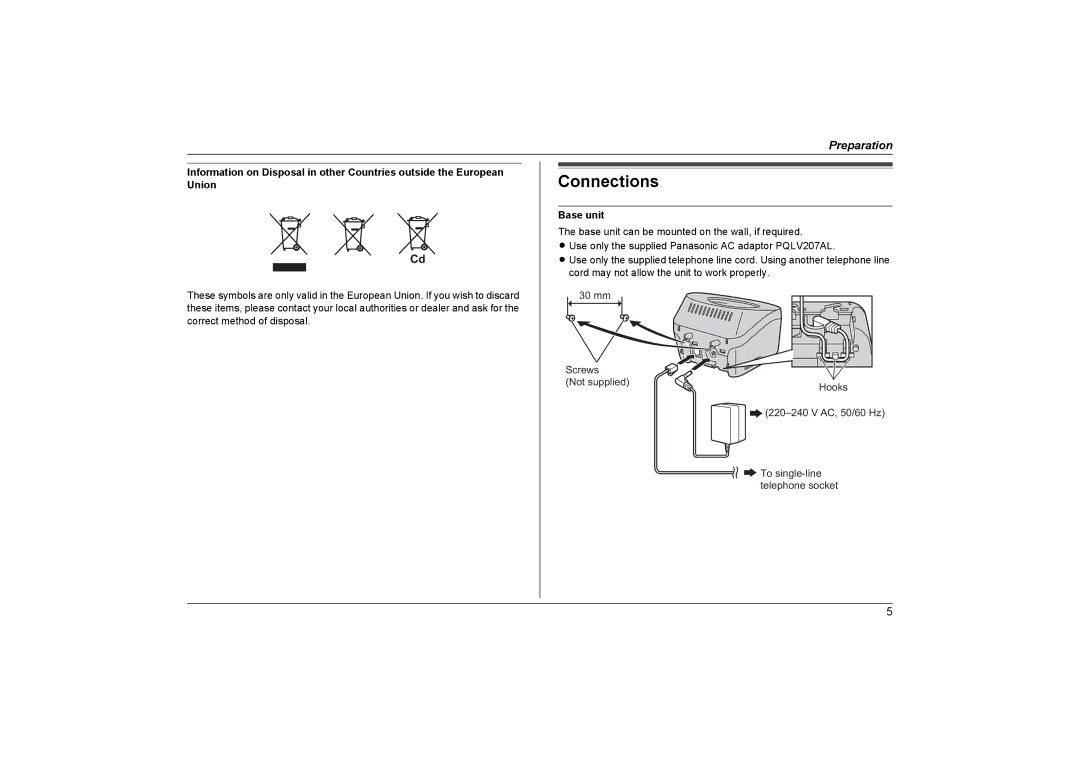 Panasonic KX-TG1311NZ, KX-TG1312NZ, KX-TG1313NZ operating instructions Connections, Base unit 