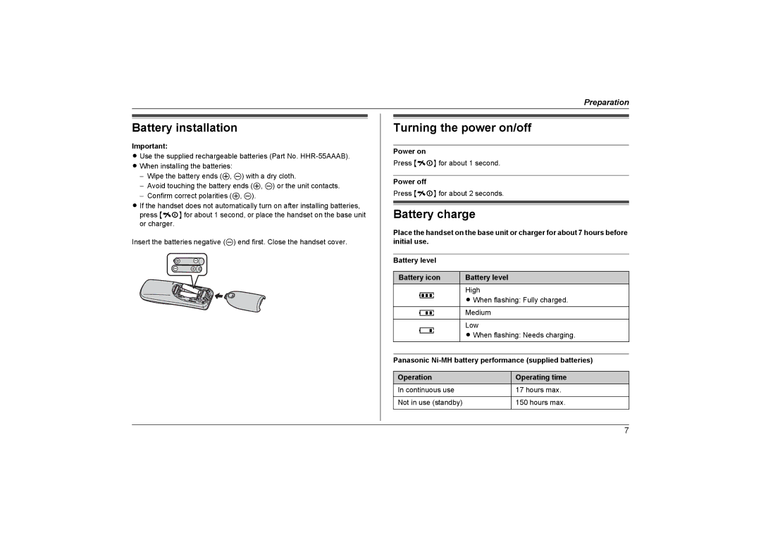 Panasonic KX-TG1313NZ, KX-TG1312NZ Battery installation, Turning the power on/off, Battery charge, Power on, Power off 