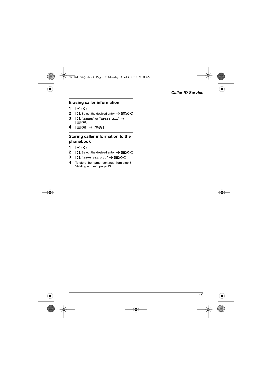 Panasonic KX-TG1611SA KX-TG1613SA Erasing caller information, Storing caller information to the phonebook 