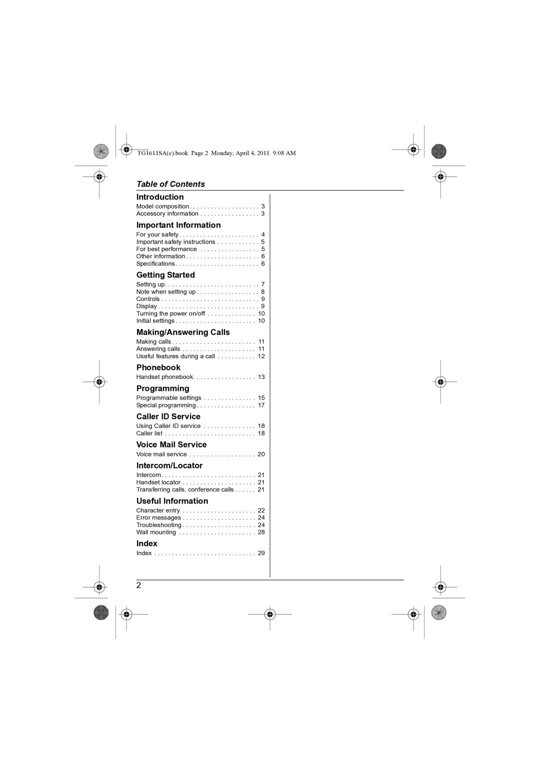 Panasonic KX-TG1611SA KX-TG1613SA operating instructions Table of Contents 