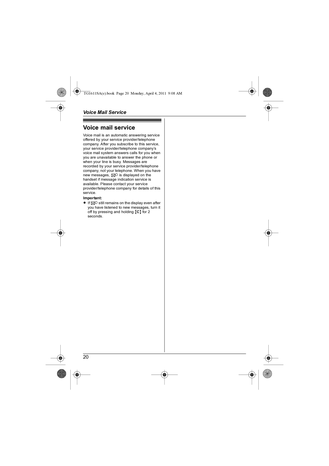 Panasonic KX-TG1611SA KX-TG1613SA operating instructions Voice mail service 