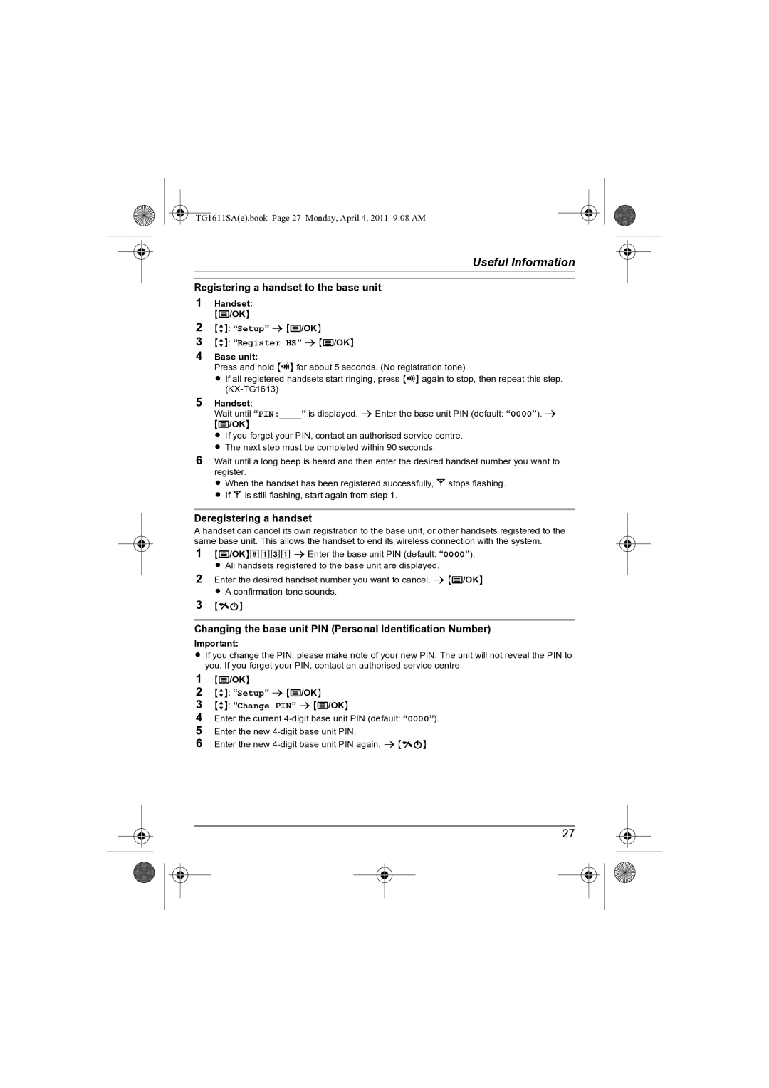 Panasonic KX-TG1611SA KX-TG1613SA Registering a handset to the base unit, Deregistering a handset, Register HS sj/OK 