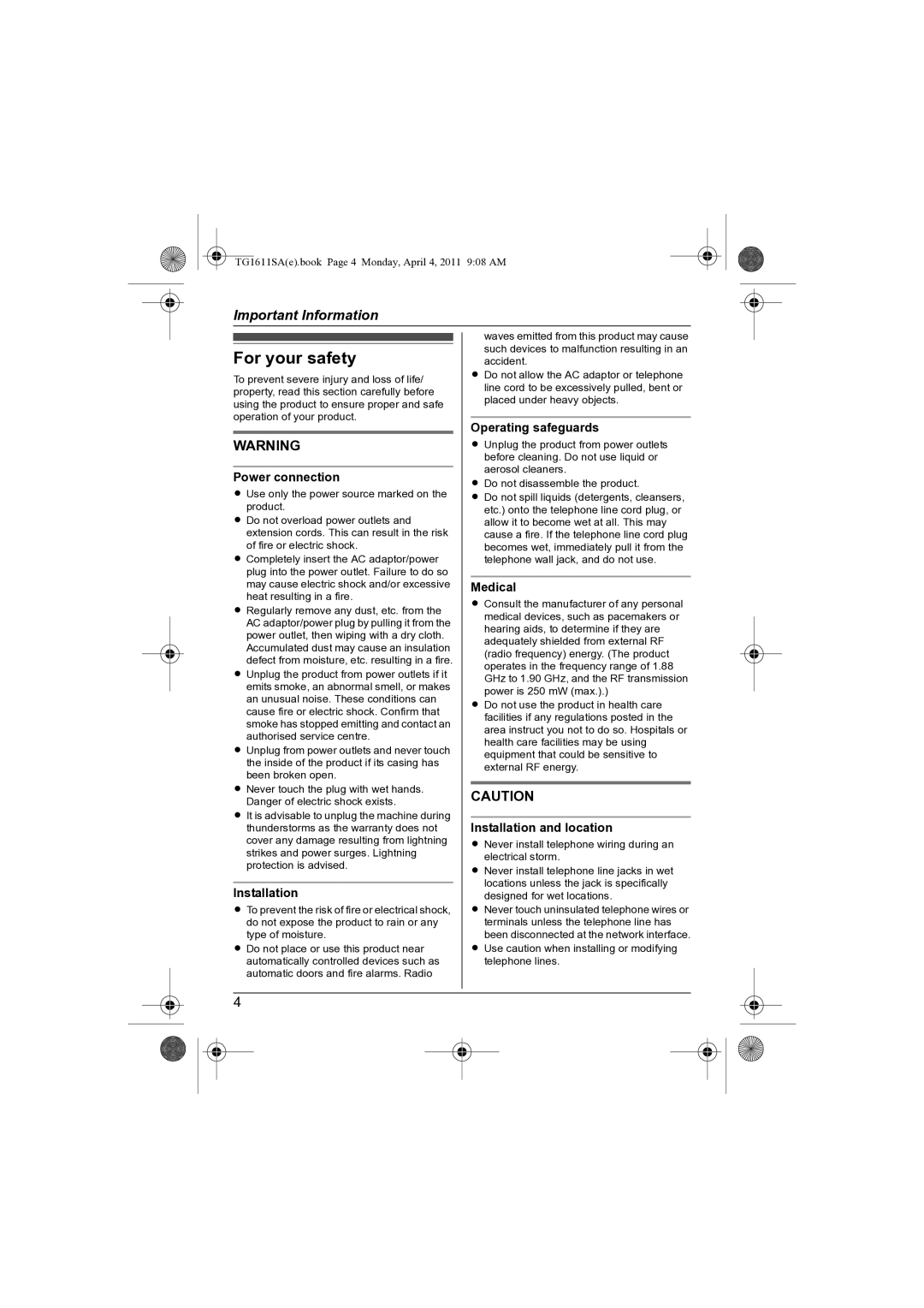 Panasonic KX-TG1611SA KX-TG1613SA operating instructions For your safety 