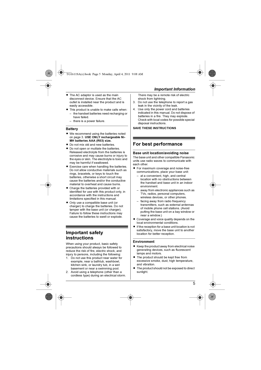 Panasonic KX-TG1611SA KX-TG1613SA Important safety instructions, For best performance, Battery, Environment 