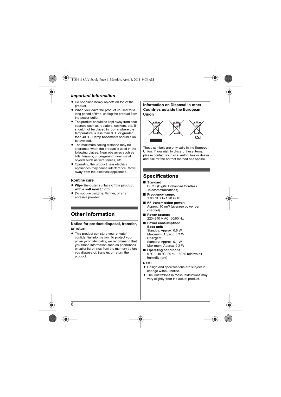 Panasonic KX-TG1611SA KX-TG1613SA operating instructions Other information, Specifications, Routine care 