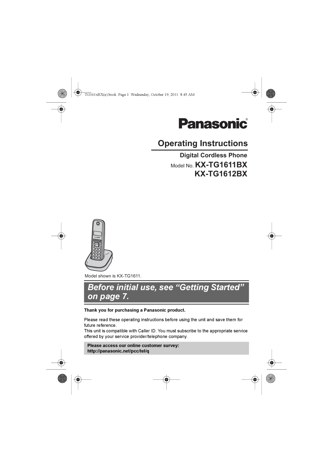 Panasonic KX-TG1611BX operating instructions Digital Cordless Phone, Thank you for purchasing a Panasonic product 