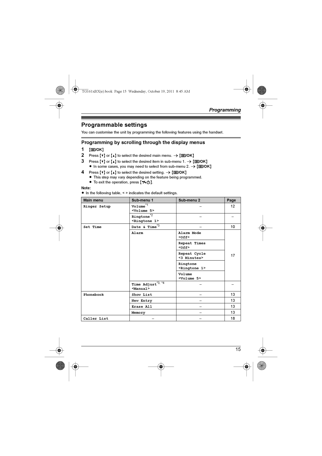 Panasonic KX-TG1611BX Programmable settings, Programming by scrolling through the display menus, Main menu Sub-menu 