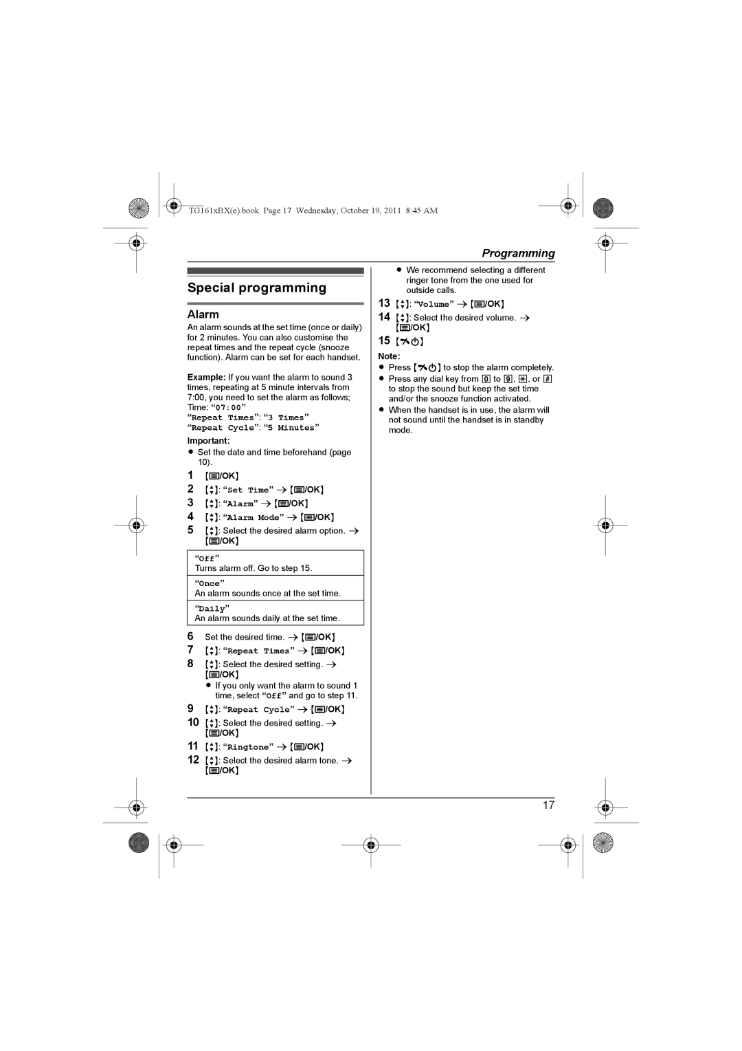 Panasonic KX-TG1611BX, KX-TG1612BX operating instructions Special programming, Alarm 