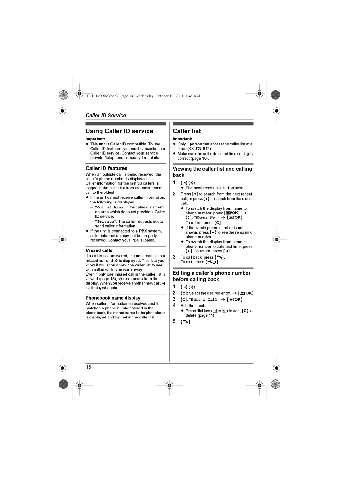 Panasonic KX-TG1612BX Using Caller ID service, Caller list, Caller ID features, Viewing the caller list and calling back 