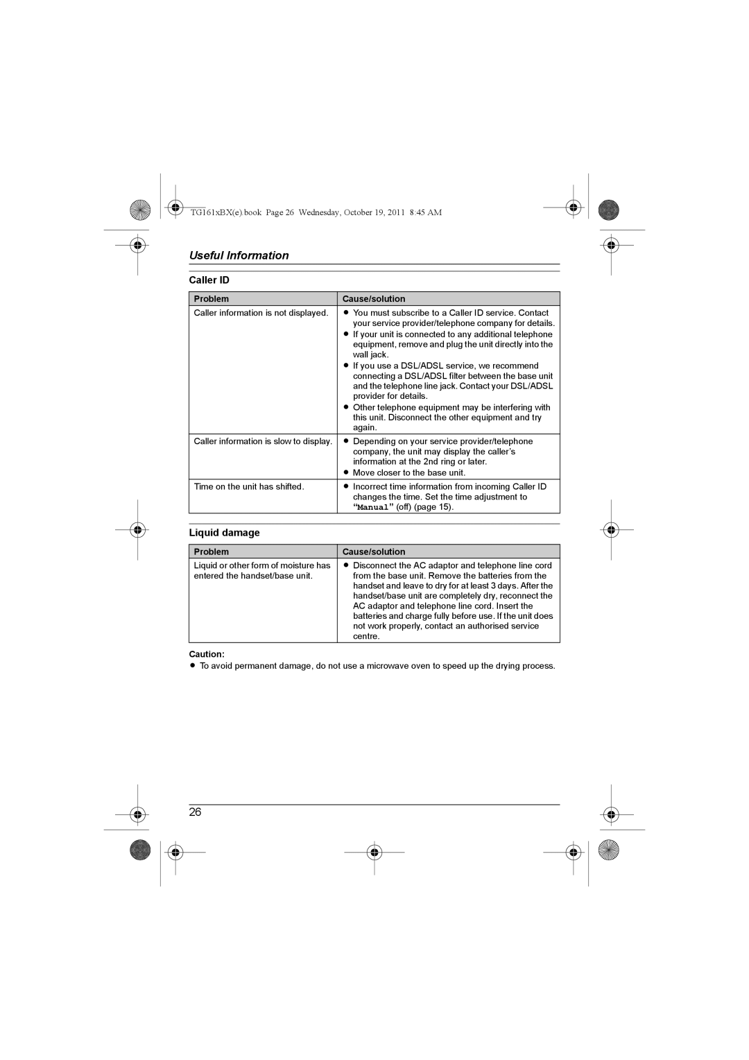 Panasonic KX-TG1612BX, KX-TG1611BX operating instructions Caller ID, Liquid damage 