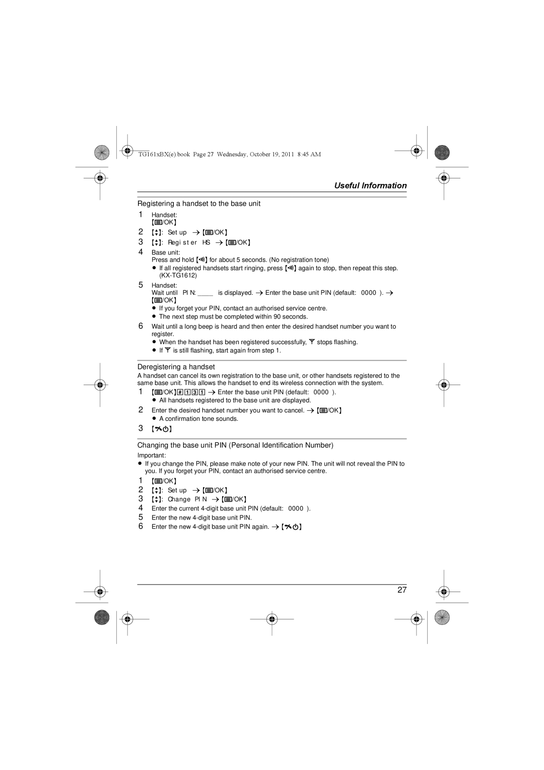 Panasonic KX-TG1611BX Registering a handset to the base unit, Deregistering a handset, Register HS sj/OK, Change PIN sj/OK 