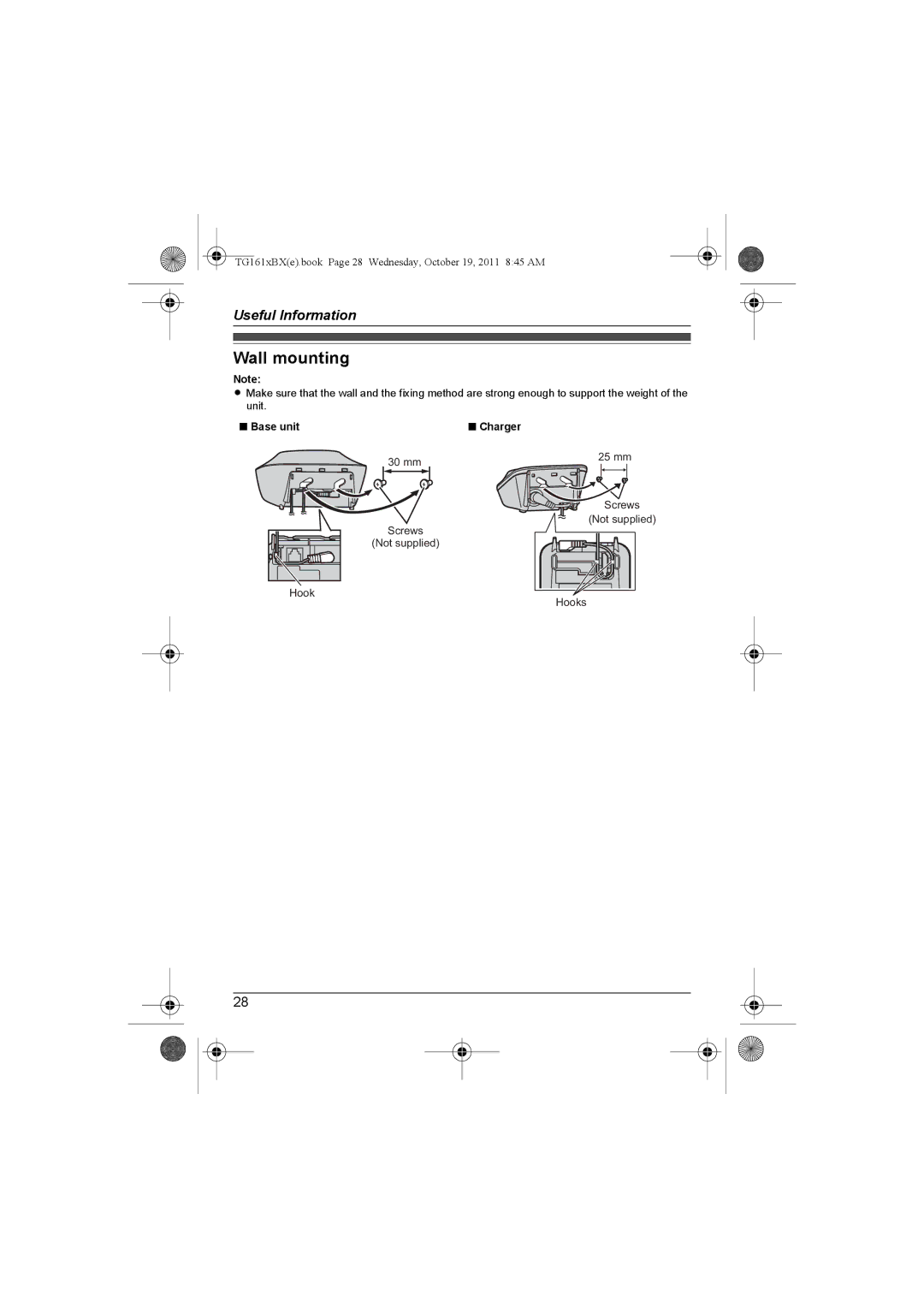 Panasonic KX-TG1612BX, KX-TG1611BX operating instructions Wall mounting, Base unit Charger 