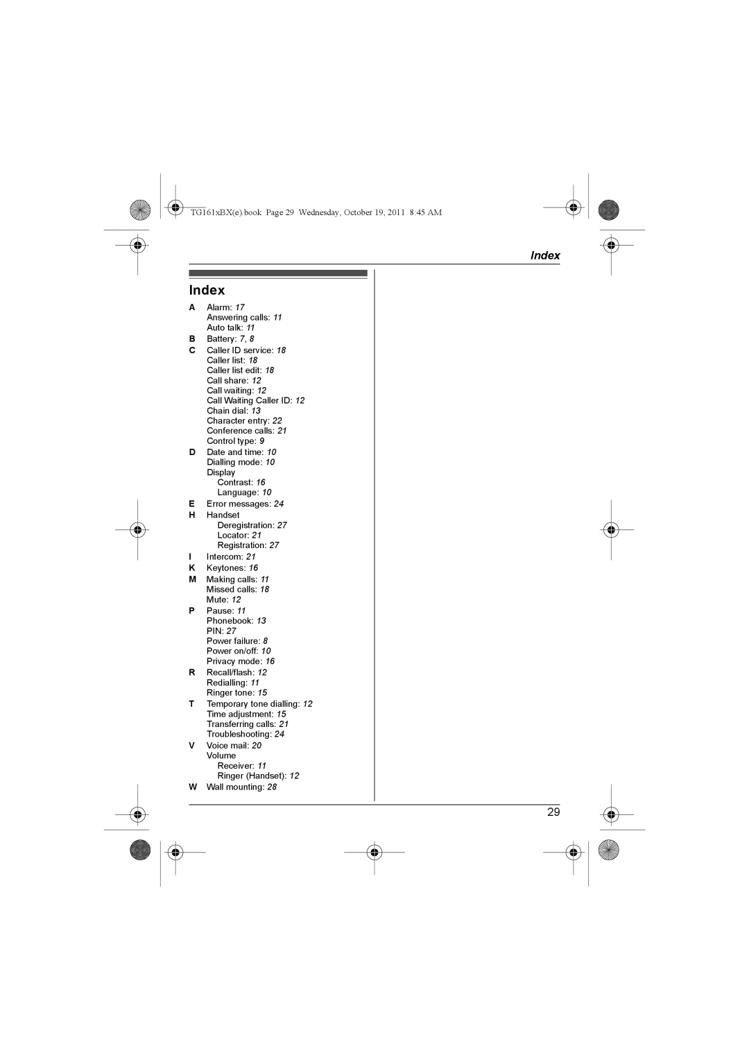 Panasonic KX-TG1611BX, KX-TG1612BX operating instructions Index 