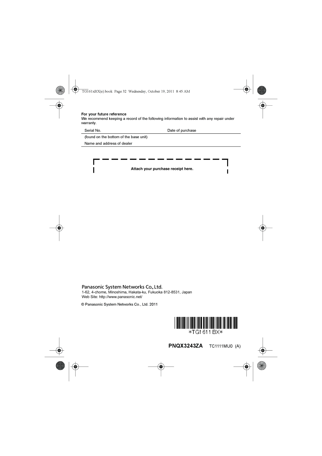 Panasonic KX-TG1612BX, KX-TG1611BX operating instructions For your future reference 