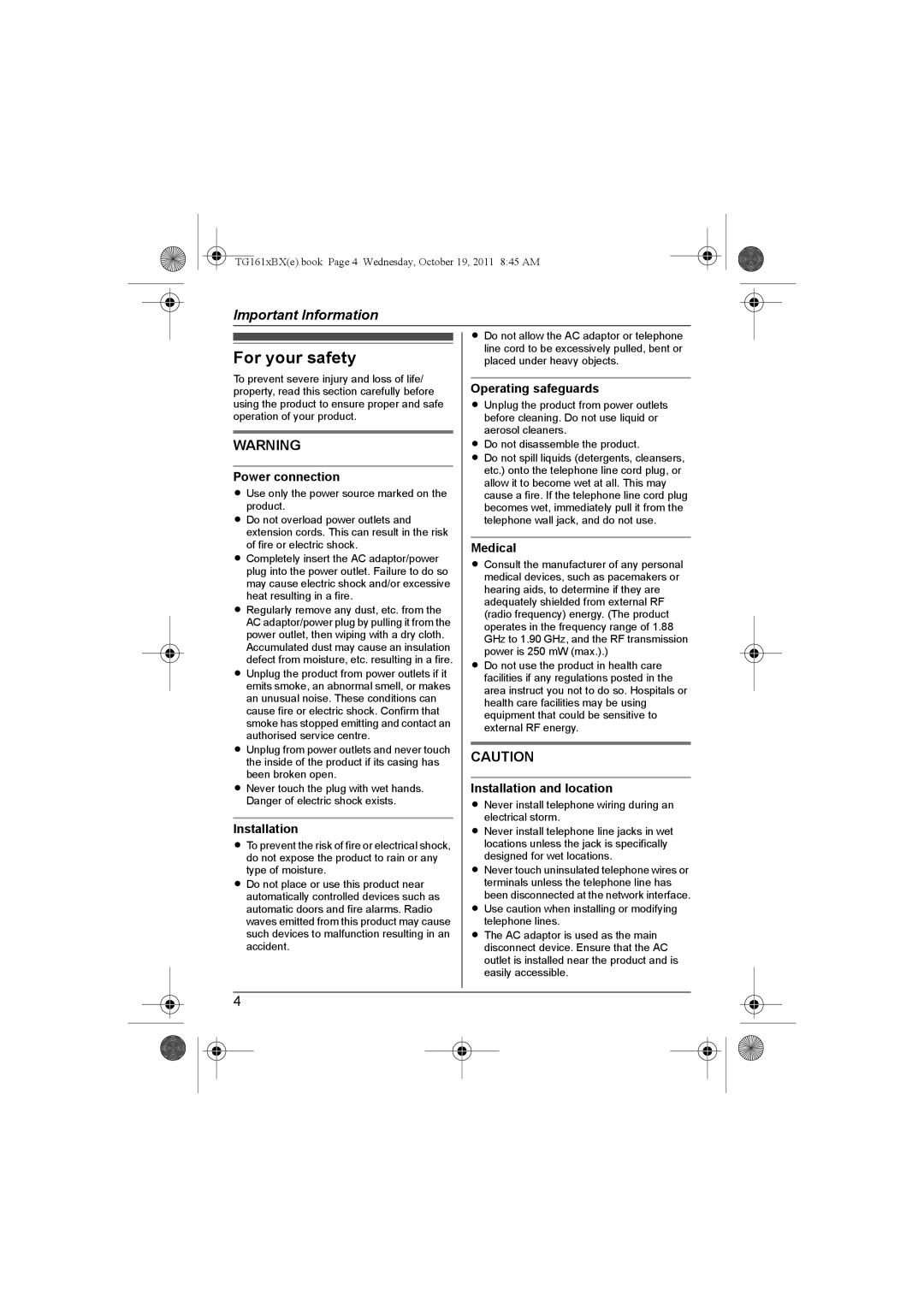 Panasonic KX-TG1612BX, KX-TG1611BX operating instructions For your safety 