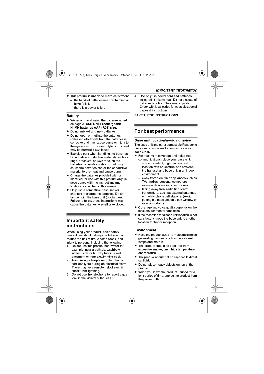 Panasonic KX-TG1611BX Important safety instructions, For best performance, Battery, Base unit location/avoiding noise 