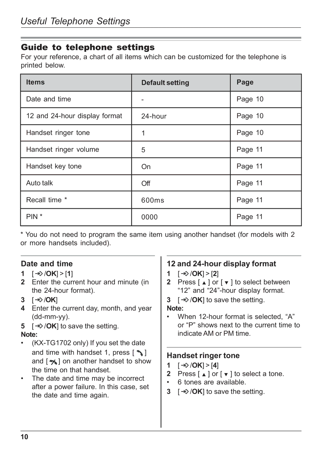 Panasonic KX-TG1702NZ Useful Telephone Settings, Guide to telephone settings, Date and time, hour display format 