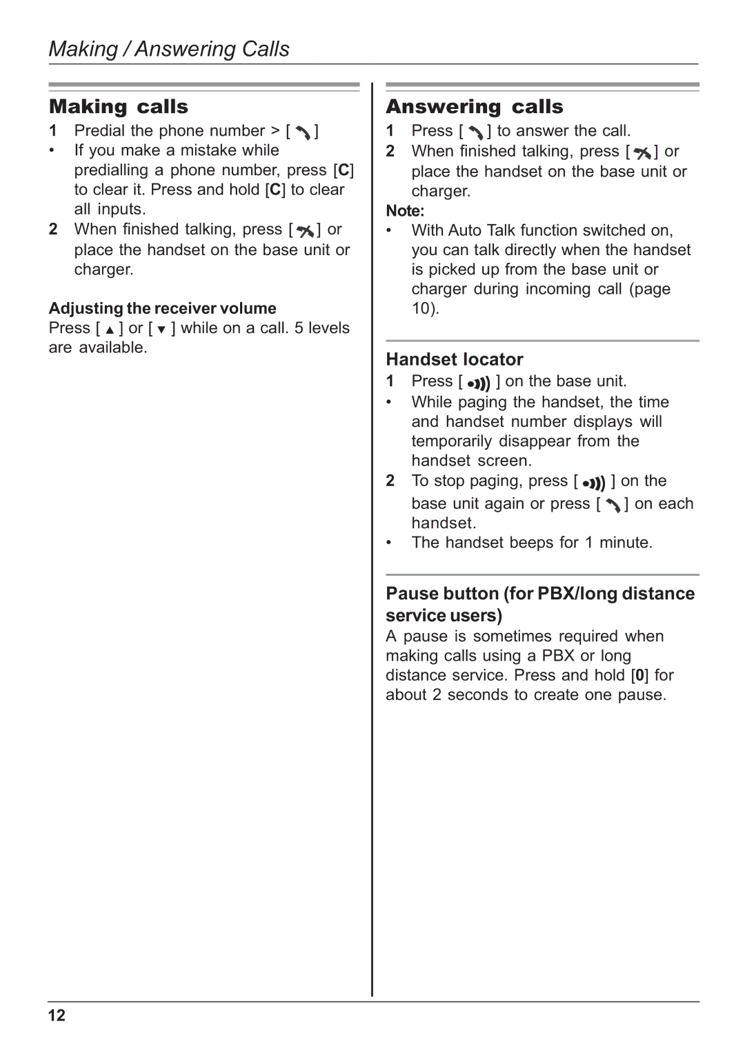 Panasonic KX-TG1702NZ, KX-TG1701NZ Making / Answering Calls, Making calls, Answering calls, Handset locator 