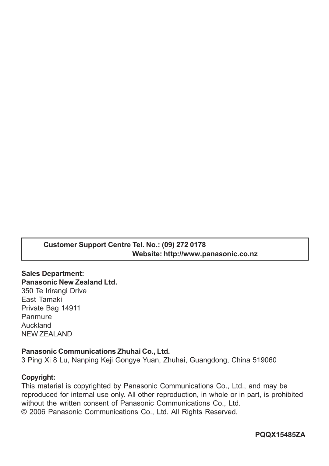 Panasonic KX-TG1702NZ, KX-TG1701NZ operating instructions Customer Support Centre Tel. No 272 Sales Department, Copyright 