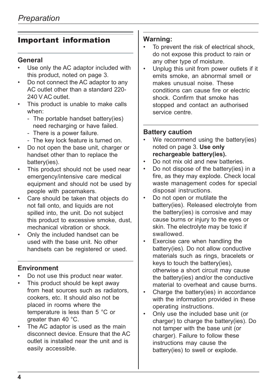 Panasonic KX-TG1702NZ, KX-TG1701NZ Preparation, Important information, General, Environment, Battery caution 