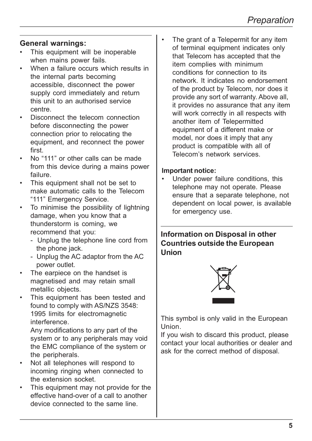 Panasonic KX-TG1701NZ, KX-TG1702NZ operating instructions General warnings, Important notice 