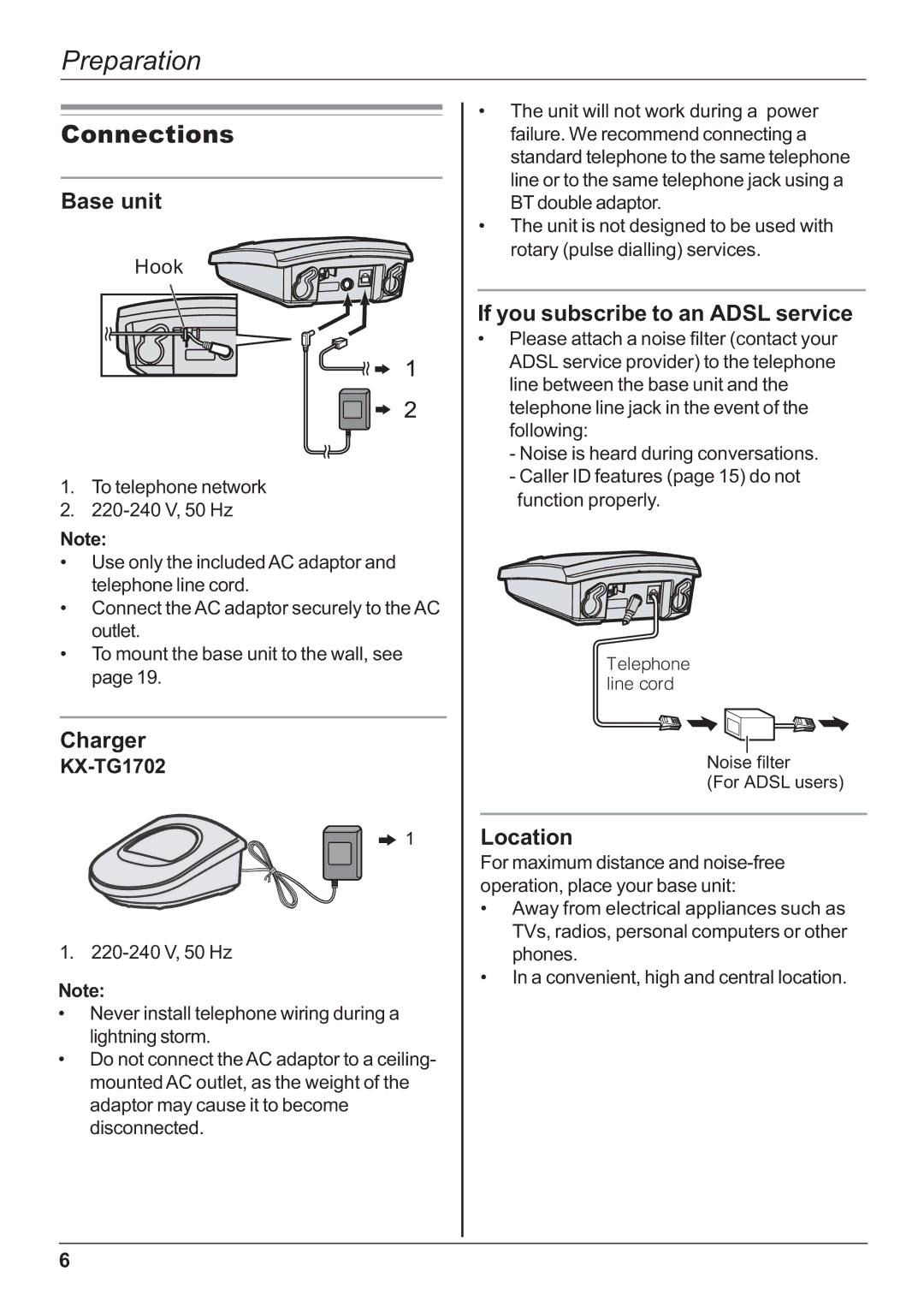 Panasonic KX-TG1702NZ, KX-TG1701NZ operating instructions Preparation, Connections 