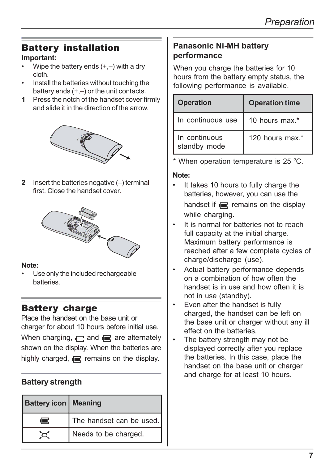 Panasonic KX-TG1701NZ Battery installation, Battery charge, Battery strength, Panasonic Ni-MH battery performance 