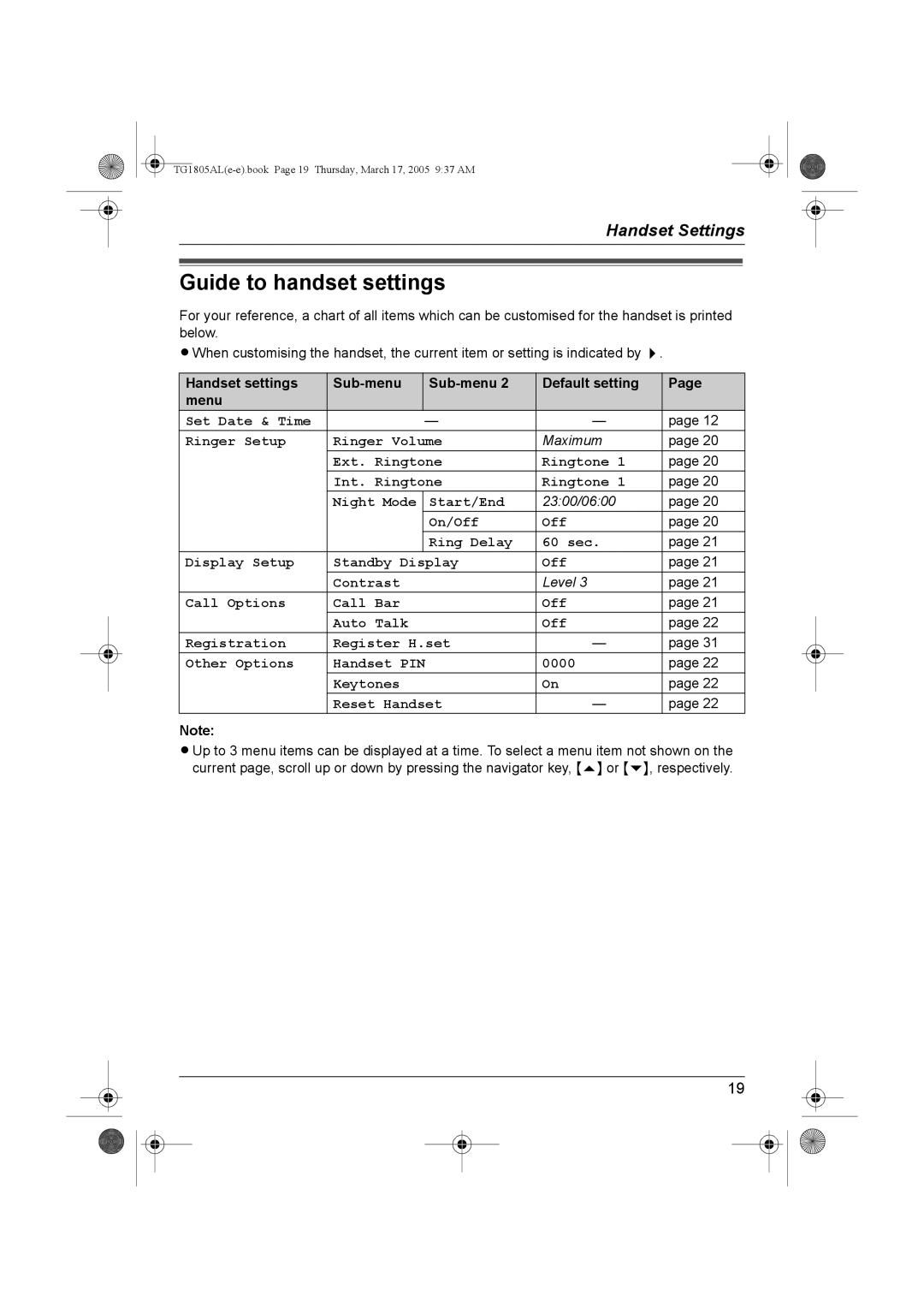 Panasonic kx-tg1805al operating instructions Guide to handset settings, Handset settings Sub-menu Default setting Menu 