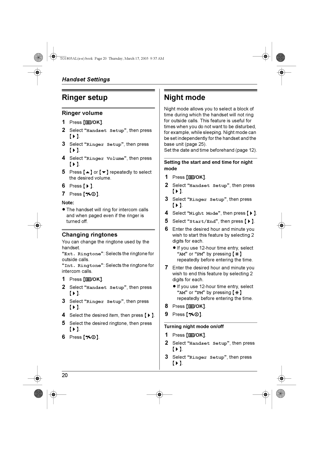 Panasonic kx-tg1805al operating instructions Ringer setup, Night mode, Ringer volume, Changing ringtones 