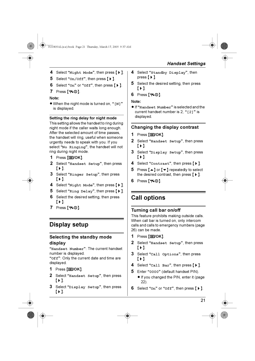 Panasonic kx-tg1805al operating instructions Call options, Display setup 