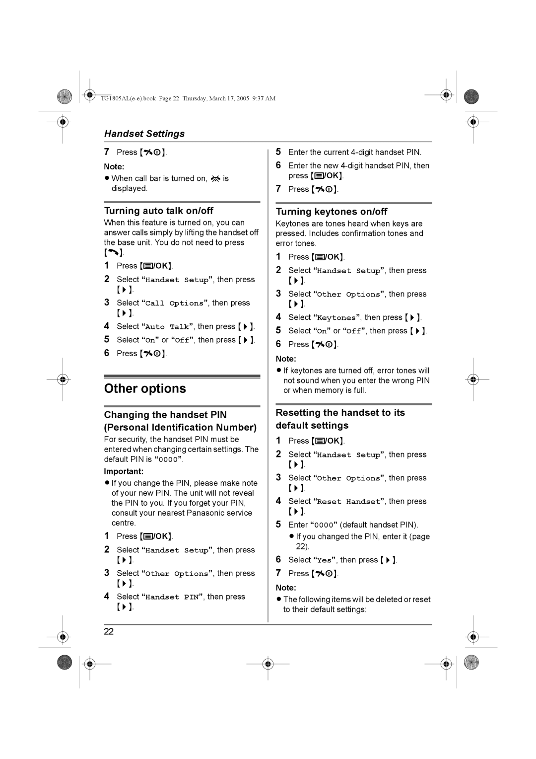 Panasonic kx-tg1805al operating instructions Other options, Turning auto talk on/off, Turning keytones on/off 