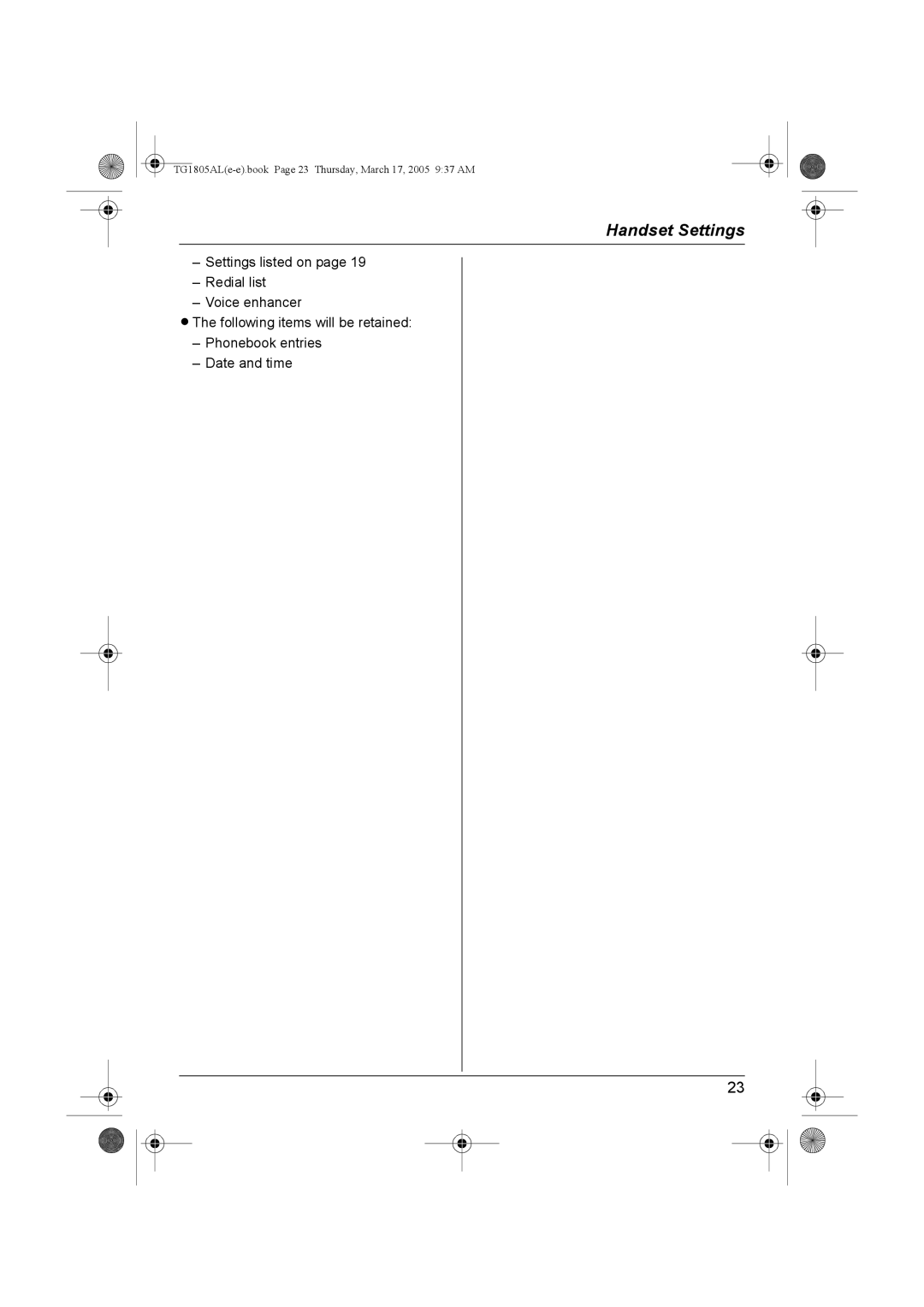 Panasonic kx-tg1805al operating instructions TG1805ALe-e.book Page 23 Thursday, March 17, 2005 937 AM 